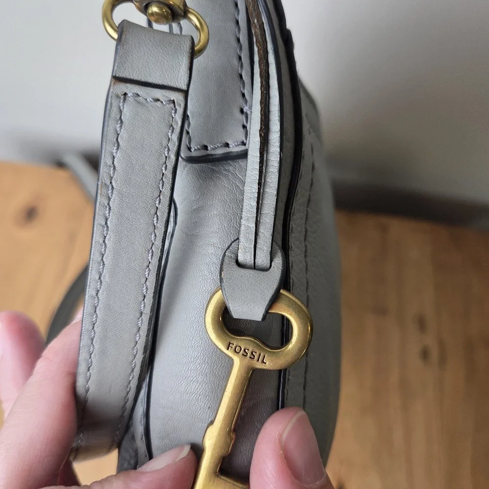 Fossil Gray Leather Crossbody Bag Soft Pebbled Leather Zip Top Key Charm...